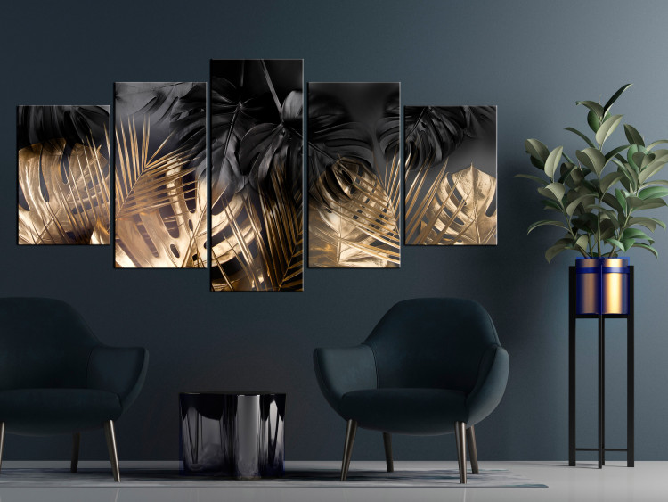 Canvas In the Golden Jungle (5-piece) Wide - landscape in exotic leaves 143506 additionalImage 3