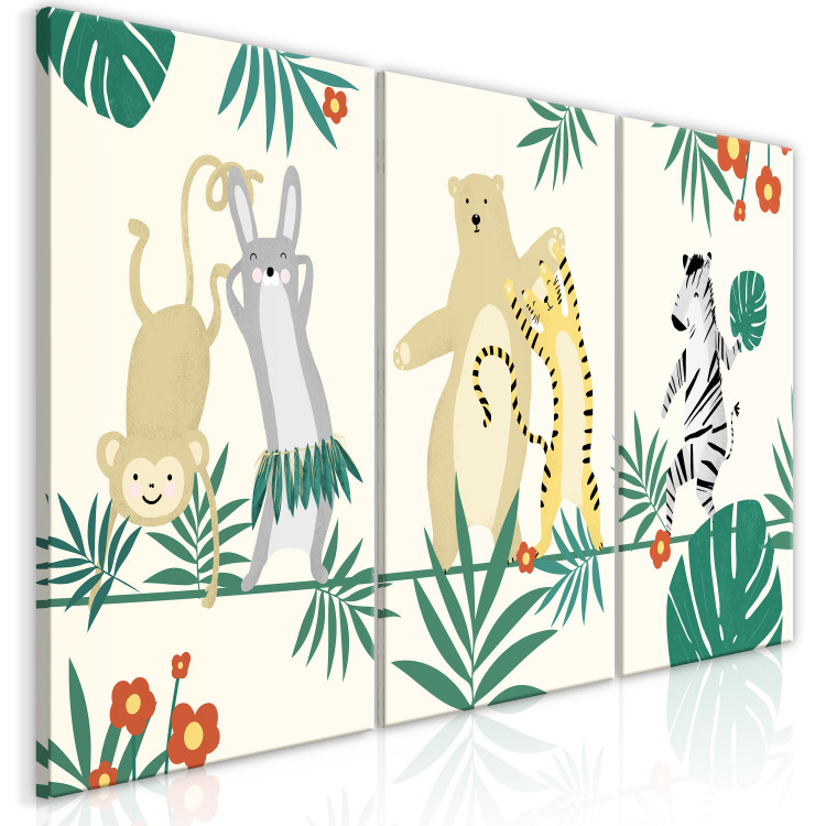 Canvas Print Dancing Animals (3-piece) - illustration in leaves for children 144606 additionalImage 2