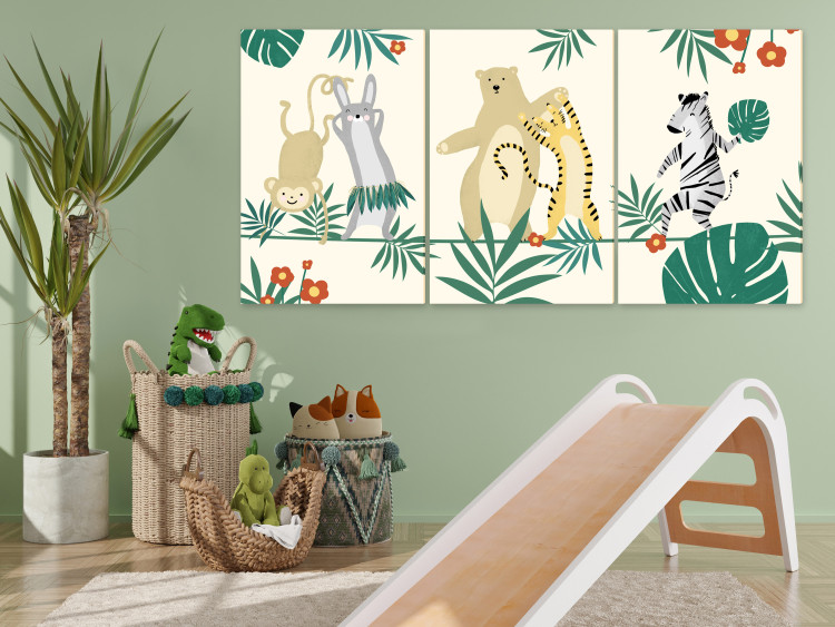 Canvas Print Dancing Animals (3-piece) - illustration in leaves for children 144606 additionalImage 3