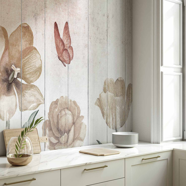 Wall Mural Tulips in a meadow - dimmed flowers on a wooden white and pink background 145106 additionalImage 7