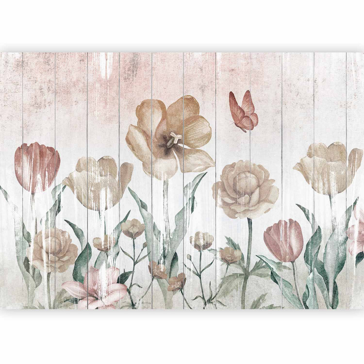 Wall Mural Tulips in a meadow - dimmed flowers on a wooden white and pink background 145106 additionalImage 5