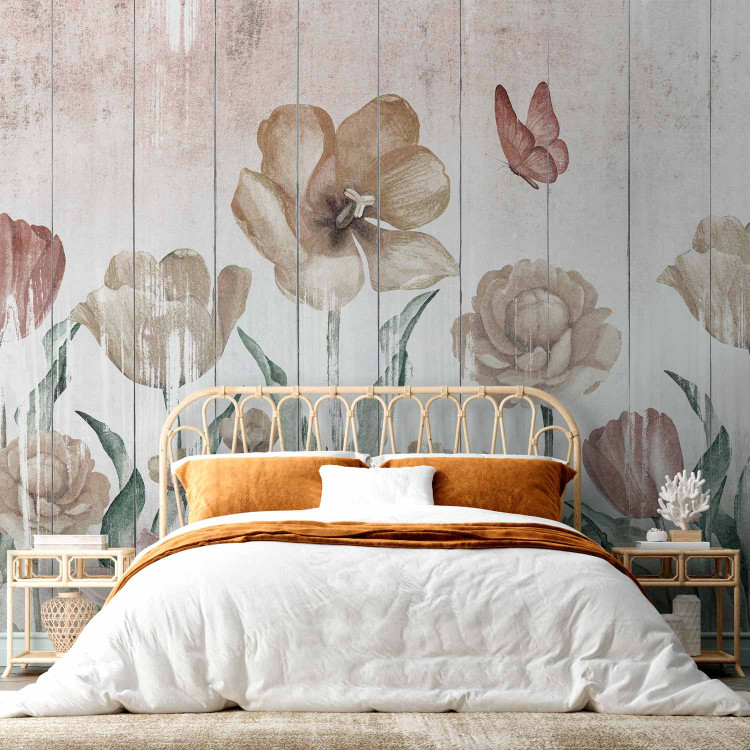 Wall Mural Tulips in a meadow - dimmed flowers on a wooden white and pink background 145106 additionalImage 2