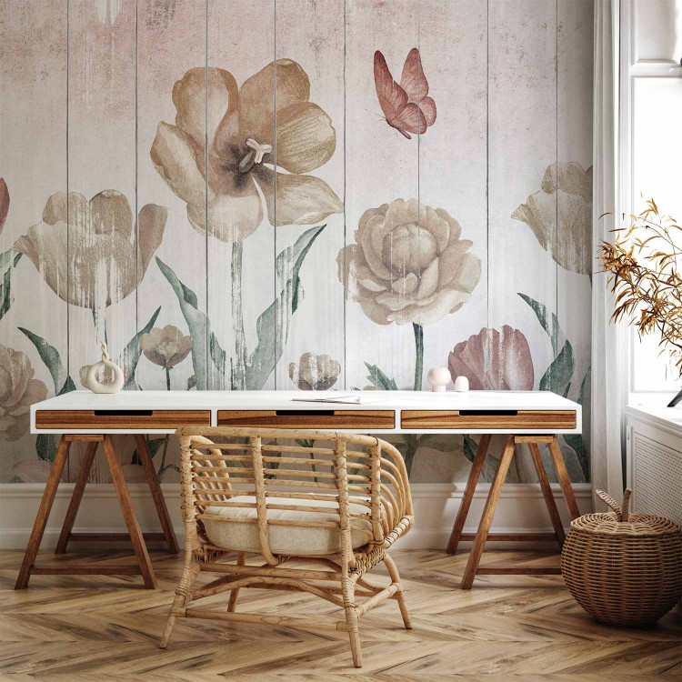 Wall Mural Tulips in a meadow - dimmed flowers on a wooden white and pink background 145106 additionalImage 4