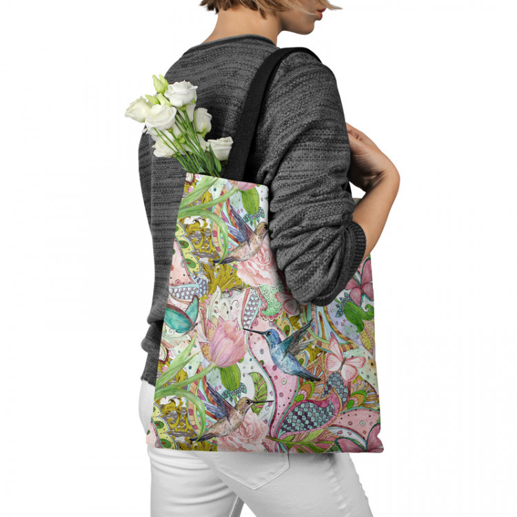 Shopping Bag Spring and hummingbirds - ornamental floral pattern with exotic birds 147606 additionalImage 3