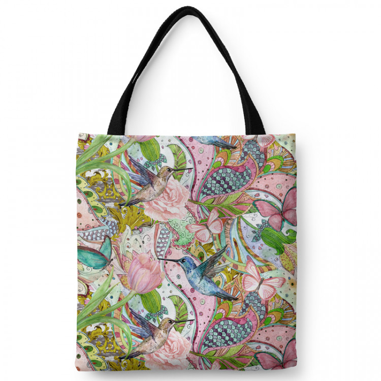 Shopping Bag Spring and hummingbirds - ornamental floral pattern with exotic birds 147606