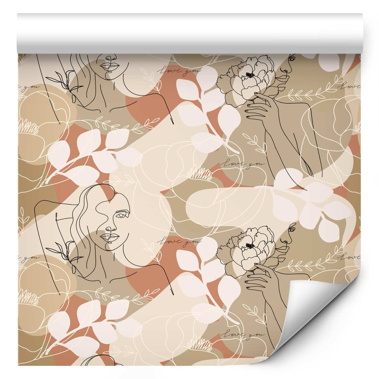 Modern Wallpaper Nature - Sketch of a Woman, Flowers and Leaves on a Background of Beige Spots 149906 additionalImage 1
