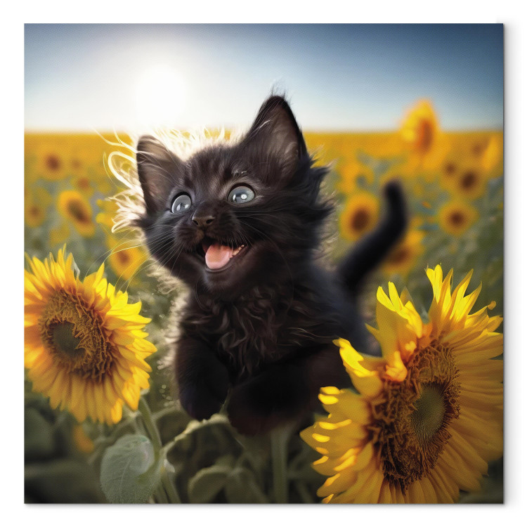 Canvas Art Print AI Cat - Black Animal Dancing in a Field of Sunflowers in a Sunny Glow - Square 150106