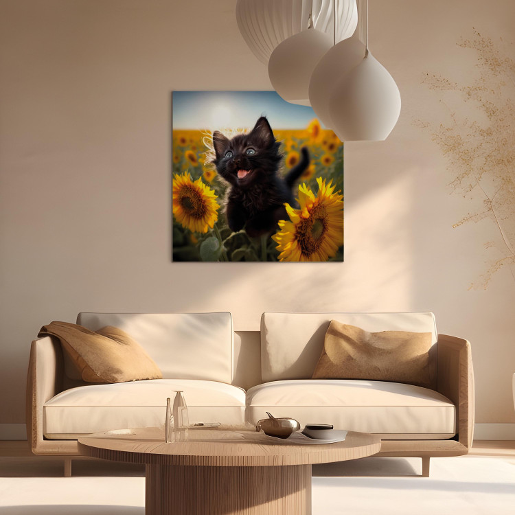 Canvas Art Print AI Cat - Black Animal Dancing in a Field of Sunflowers in a Sunny Glow - Square 150106 additionalImage 5