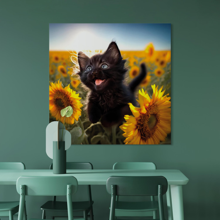 Canvas Art Print AI Cat - Black Animal Dancing in a Field of Sunflowers in a Sunny Glow - Square 150106 additionalImage 3