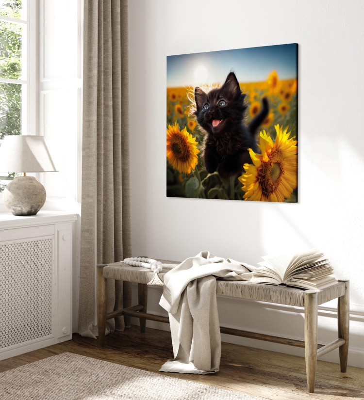 Canvas Art Print AI Cat - Black Animal Dancing in a Field of Sunflowers in a Sunny Glow - Square 150106 additionalImage 4