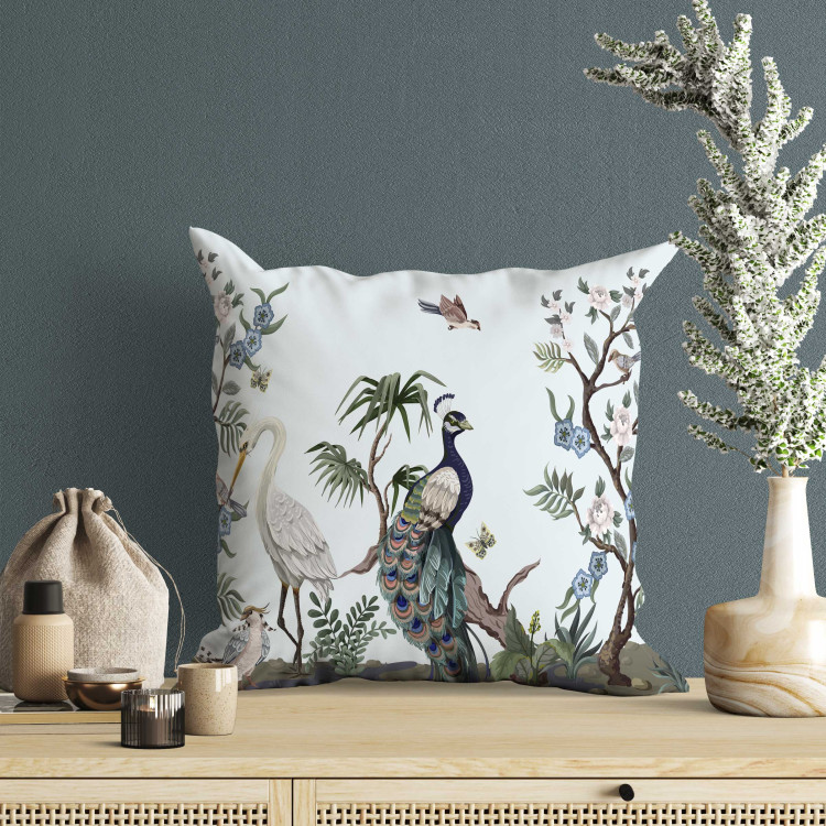 Decorative Microfiber Pillow Peacock and Heron - Birds Among Flowering Plants on a White Background 151406 additionalImage 4