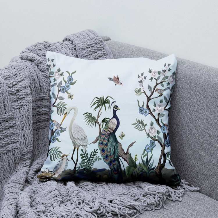 Decorative Microfiber Pillow Peacock and Heron - Birds Among Flowering Plants on a White Background 151406 additionalImage 5
