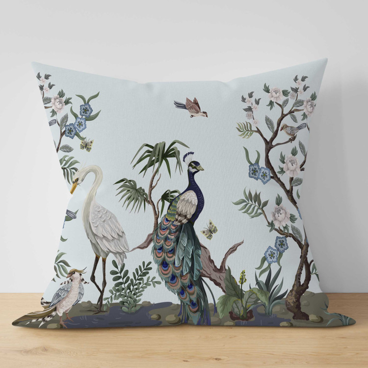 Decorative Microfiber Pillow Peacock and Heron - Birds Among Flowering Plants on a White Background 151406 additionalImage 3