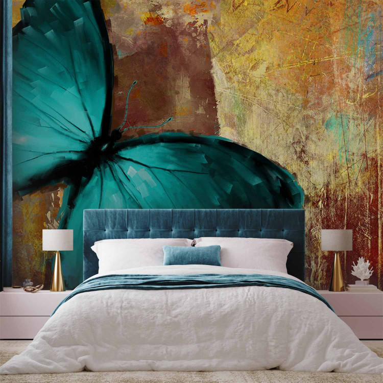 Wall Mural Painted Butterfly - Blue watercolor-style butterfly on a patterned background 61306 additionalImage 2