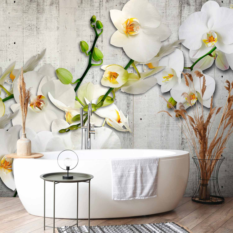 Photo Wallpaper White orchids with orange accent - flower motif on grey background 97306 additionalImage 8