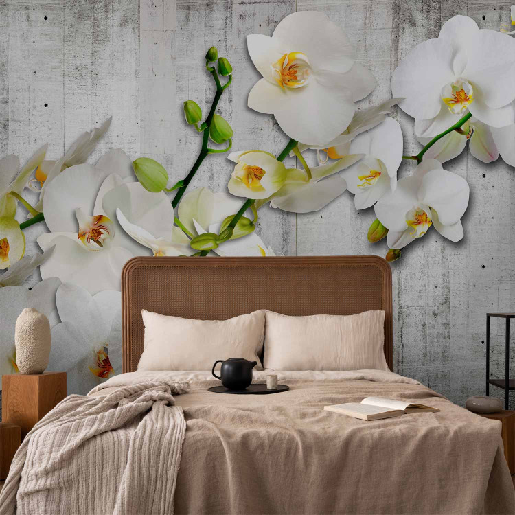 Photo Wallpaper White orchids with orange accent - flower motif on grey background 97306 additionalImage 2