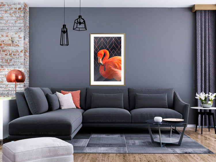 Poster Flamingo Solo - composition with an orange bird on a geometric background 115316 additionalImage 13