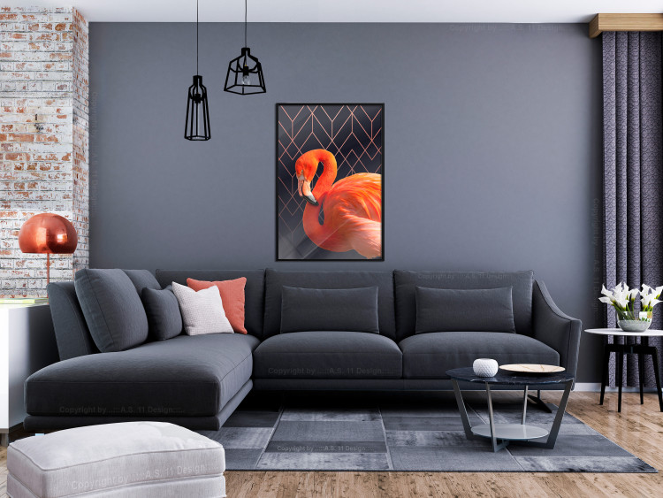 Poster Flamingo Solo - composition with an orange bird on a geometric background 115316 additionalImage 5