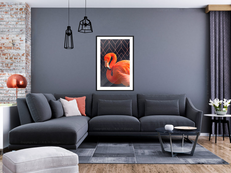 Poster Flamingo Solo - composition with an orange bird on a geometric background 115316 additionalImage 4