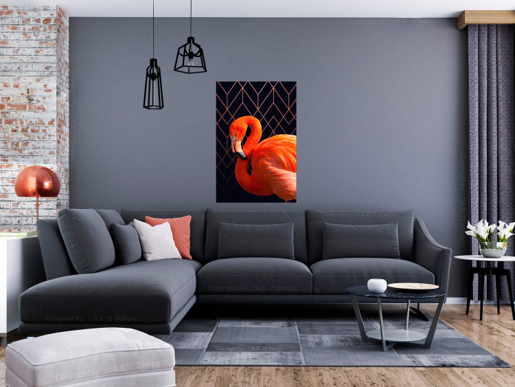 Poster Flamingo Solo - composition with an orange bird on a geometric background 115316 additionalImage 23