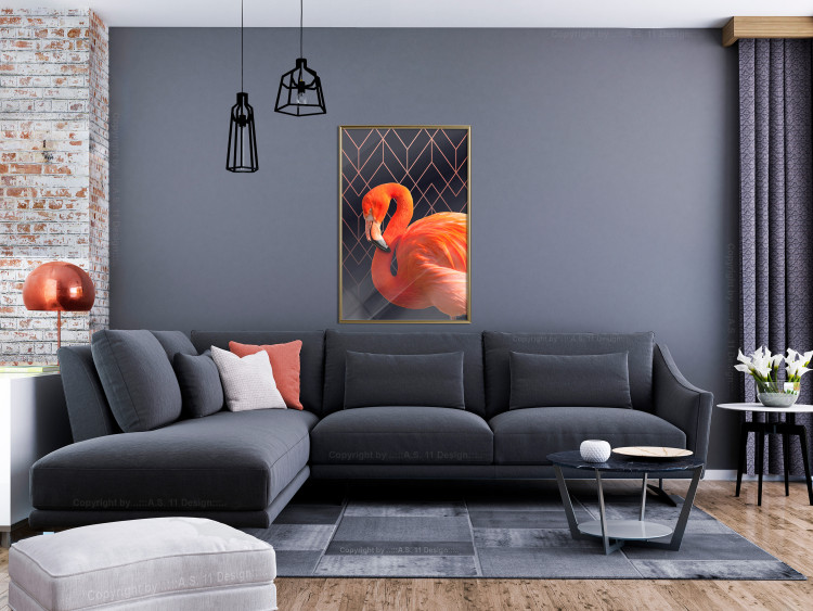 Poster Flamingo Solo - composition with an orange bird on a geometric background 115316 additionalImage 7