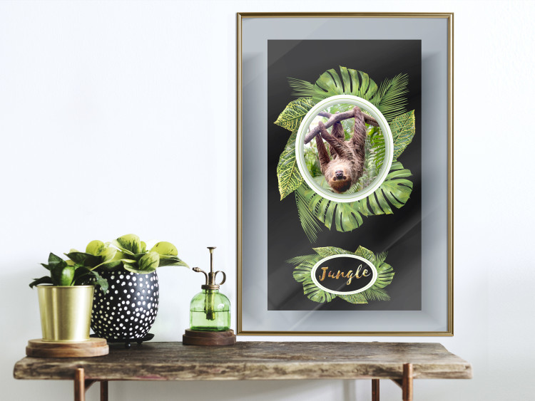 Wall Poster Sloth - brown mammal and tropical green leaves on a black background 116316 additionalImage 12