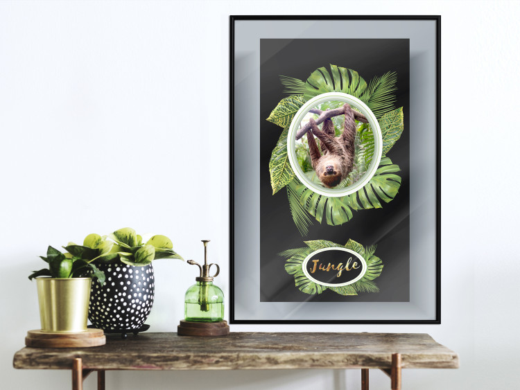 Wall Poster Sloth - brown mammal and tropical green leaves on a black background 116316 additionalImage 4