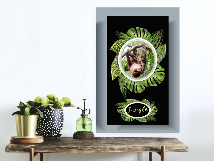 Wall Poster Sloth - brown mammal and tropical green leaves on a black background 116316 additionalImage 17