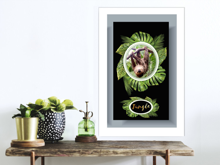 Wall Poster Sloth - brown mammal and tropical green leaves on a black background 116316 additionalImage 3