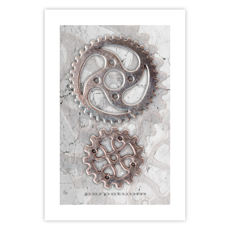 Poster Silver Cogs - industrial composition with two metal gears 118916 additionalImage 25