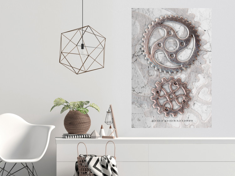 Poster Silver Cogs - industrial composition with two metal gears 118916 additionalImage 23