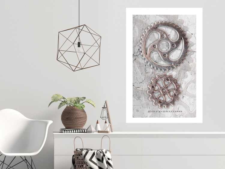 Poster Silver Cogs - industrial composition with two metal gears 118916 additionalImage 2
