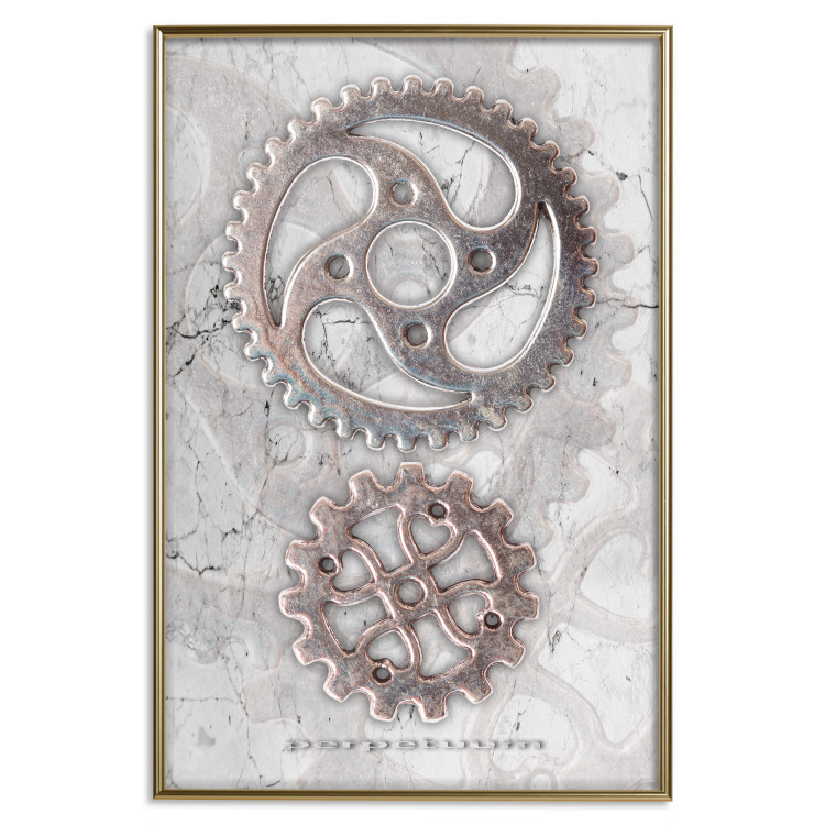 Poster Silver Cogs - industrial composition with two metal gears 118916 additionalImage 20