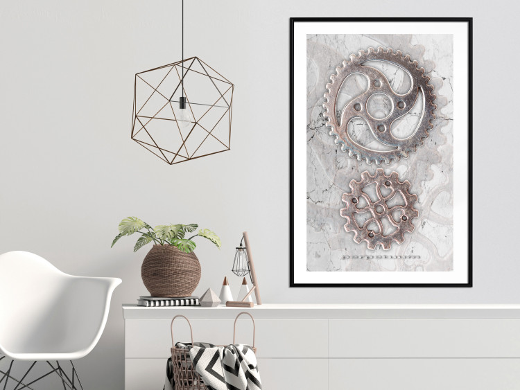 Poster Silver Cogs - industrial composition with two metal gears 118916 additionalImage 4