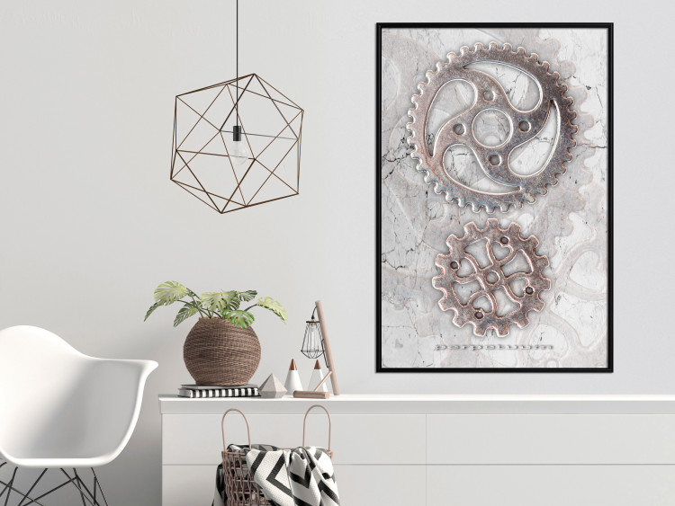 Poster Silver Cogs - industrial composition with two metal gears 118916 additionalImage 5