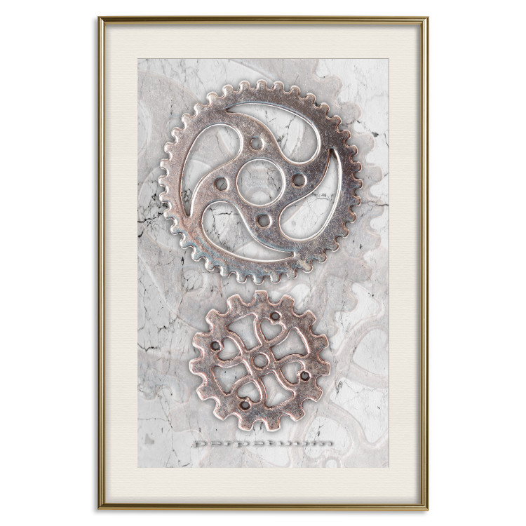 Poster Silver Cogs - industrial composition with two metal gears 118916 additionalImage 19
