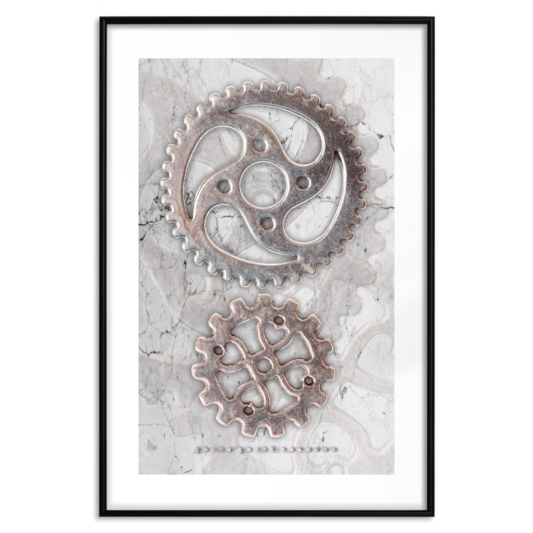 Poster Silver Cogs - industrial composition with two metal gears 118916 additionalImage 17