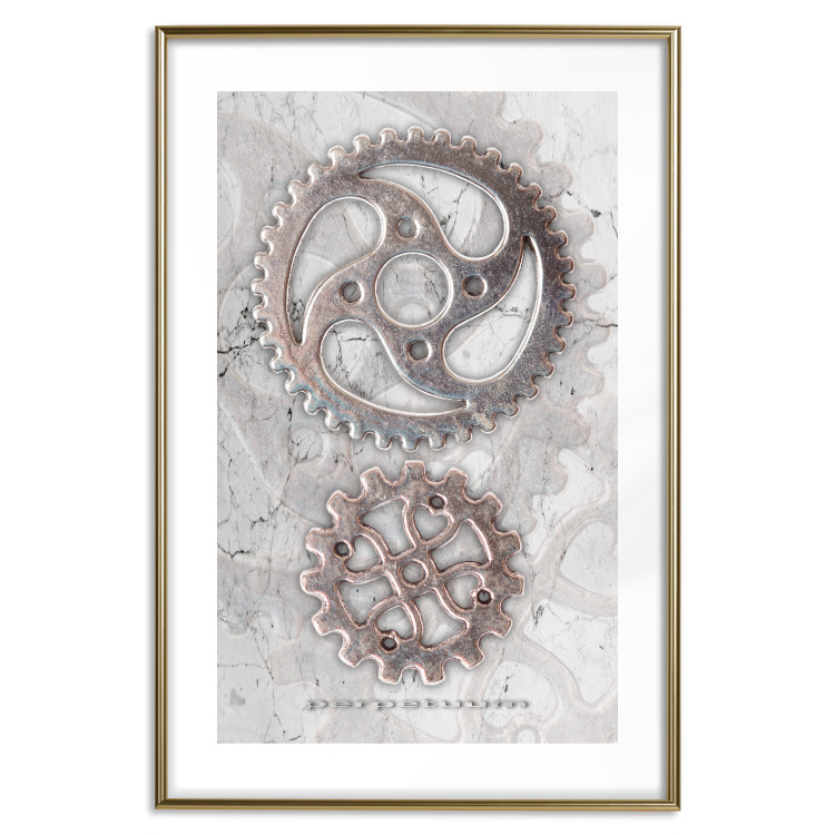 Poster Silver Cogs - industrial composition with two metal gears 118916 additionalImage 14