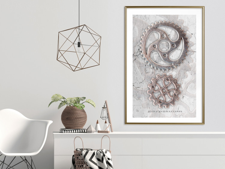 Poster Silver Cogs - industrial composition with two metal gears 118916 additionalImage 13