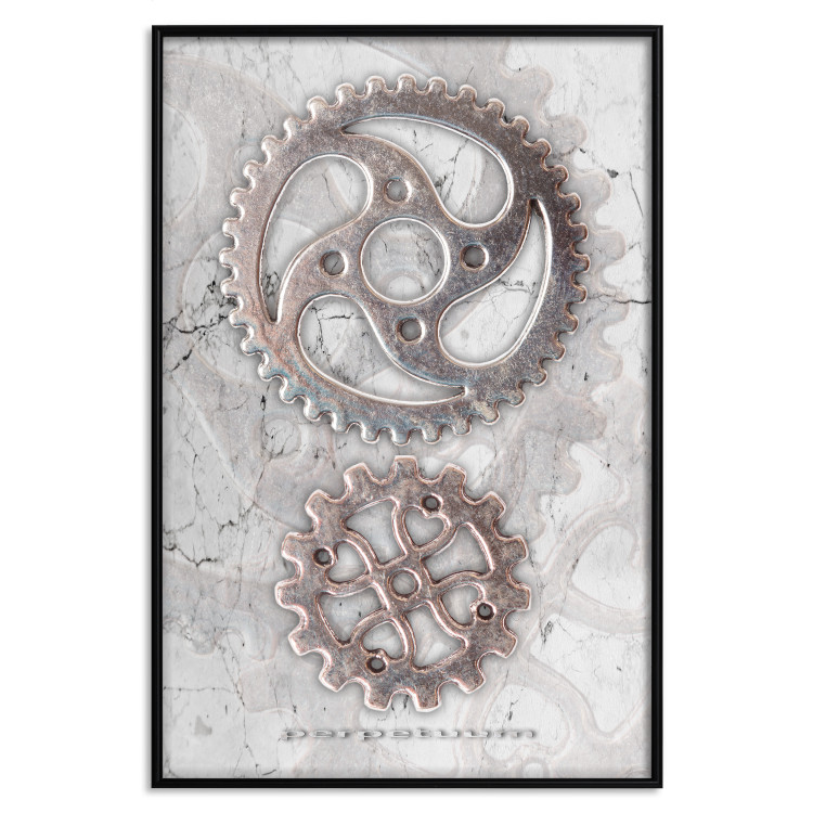 Poster Silver Cogs - industrial composition with two metal gears 118916 additionalImage 24