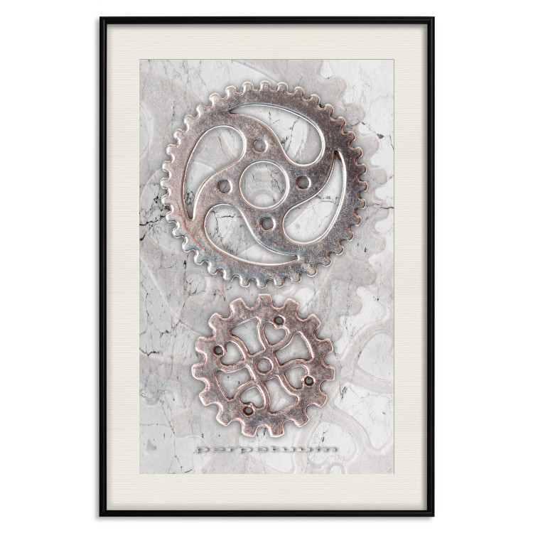 Poster Silver Cogs - industrial composition with two metal gears 118916 additionalImage 18