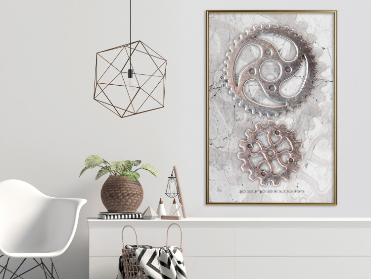 Poster Silver Cogs - industrial composition with two metal gears 118916 additionalImage 7