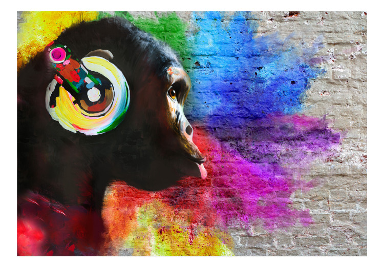 Wall Mural DJ chimpanzee - colourful animal on regular background with brick texture 126816 additionalImage 1