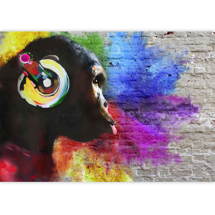 Wall Mural DJ chimpanzee - colourful animal on regular background with brick texture 126816 additionalImage 3