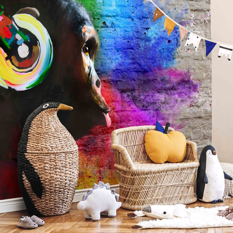 Wall Mural DJ chimpanzee - colourful animal on regular background with brick texture 126816 additionalImage 6