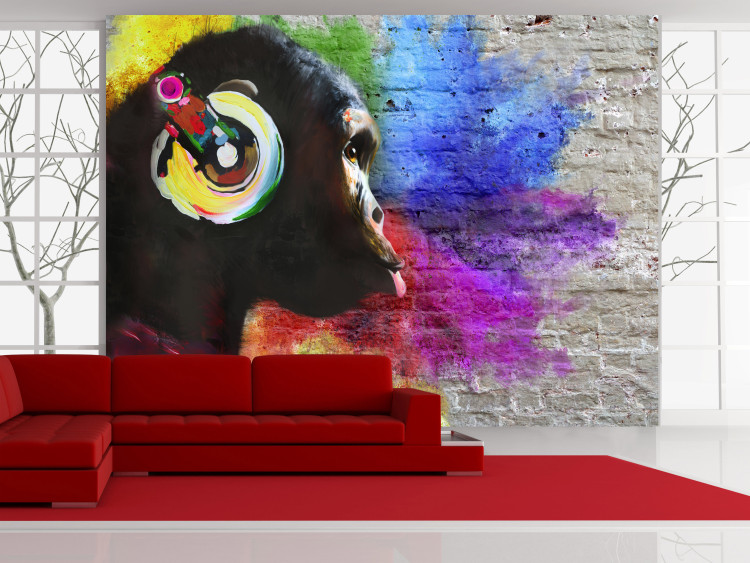 Wall Mural DJ chimpanzee - colourful animal on regular background with brick texture 126816