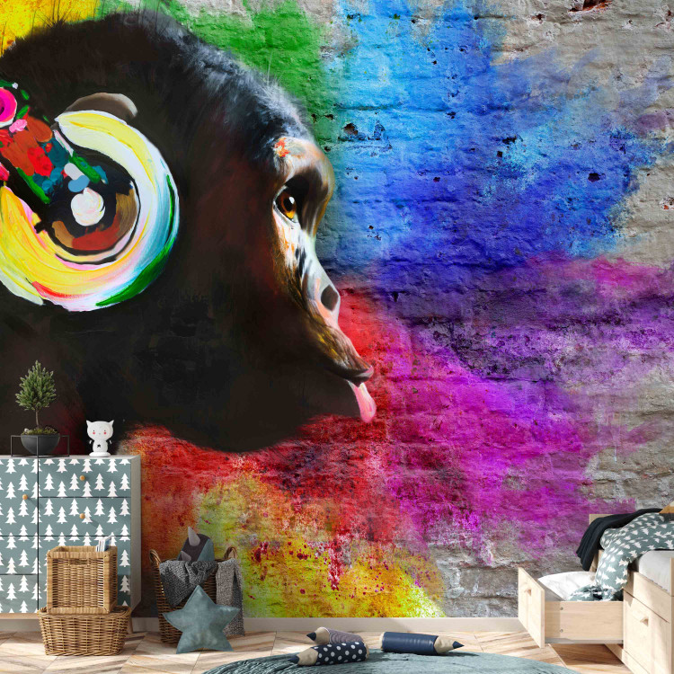 Wall Mural DJ chimpanzee - colourful animal on regular background with brick texture 126816 additionalImage 4