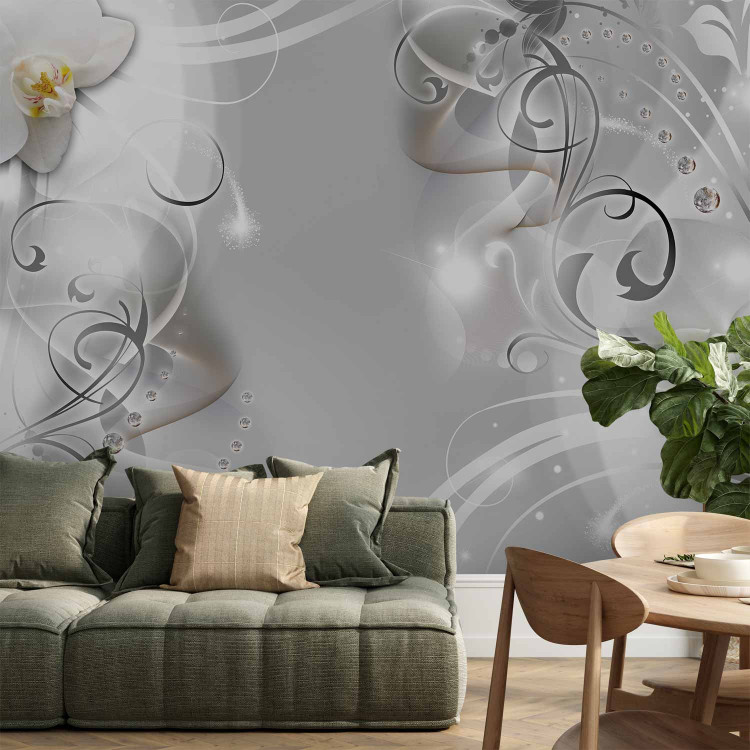 Wall Mural Floral motif - abstraction with white orchids on a background in grey 127116