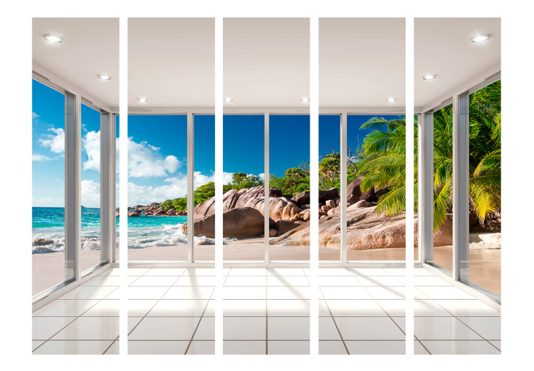 Folding Screen Paradise Illusion II (5-piece) - view from window to beach and rocks in the background 132916 additionalImage 3