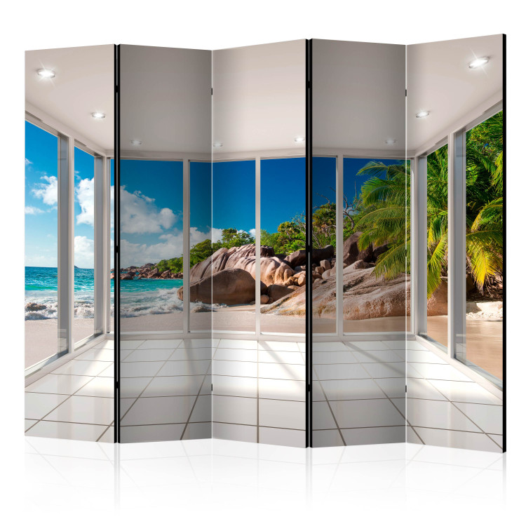 Folding Screen Paradise Illusion II (5-piece) - view from window to beach and rocks in the background 132916